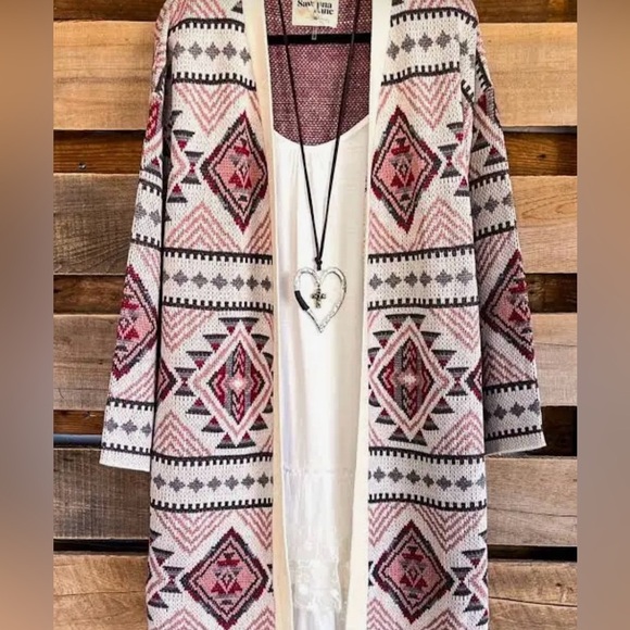 Savana Jane Women’s Cherokee Desert Long Cardigan Cream Gray Pink Burgundy M - Picture 1 of 11